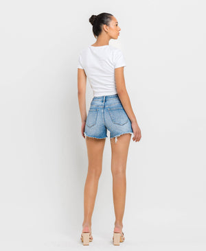 HIGH RISE DISTRESSED CRISS CROSS SHORTS BLUE DENIM / XL