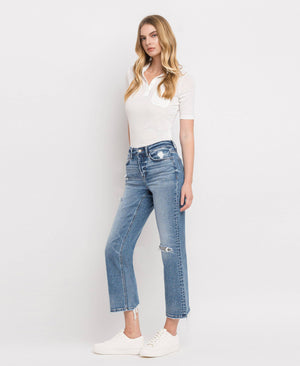 HIGH RISE DISTRESSED HEM CROP STRAIGHT JEANS BLINK / 27