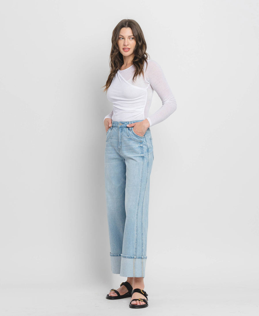 SUPER HIGH RISE CUFFED BAGGY WIDE JEANS T6515