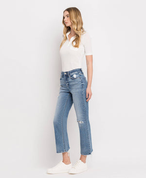 HIGH RISE DISTRESSED HEM CROP STRAIGHT JEANS BLINK / 31