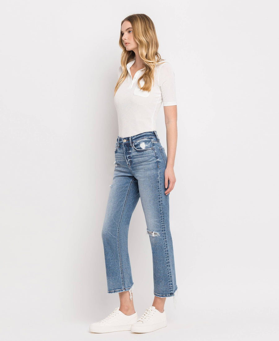 HIGH RISE DISTRESSED HEM CROP STRAIGHT JEANS BLINK / 30