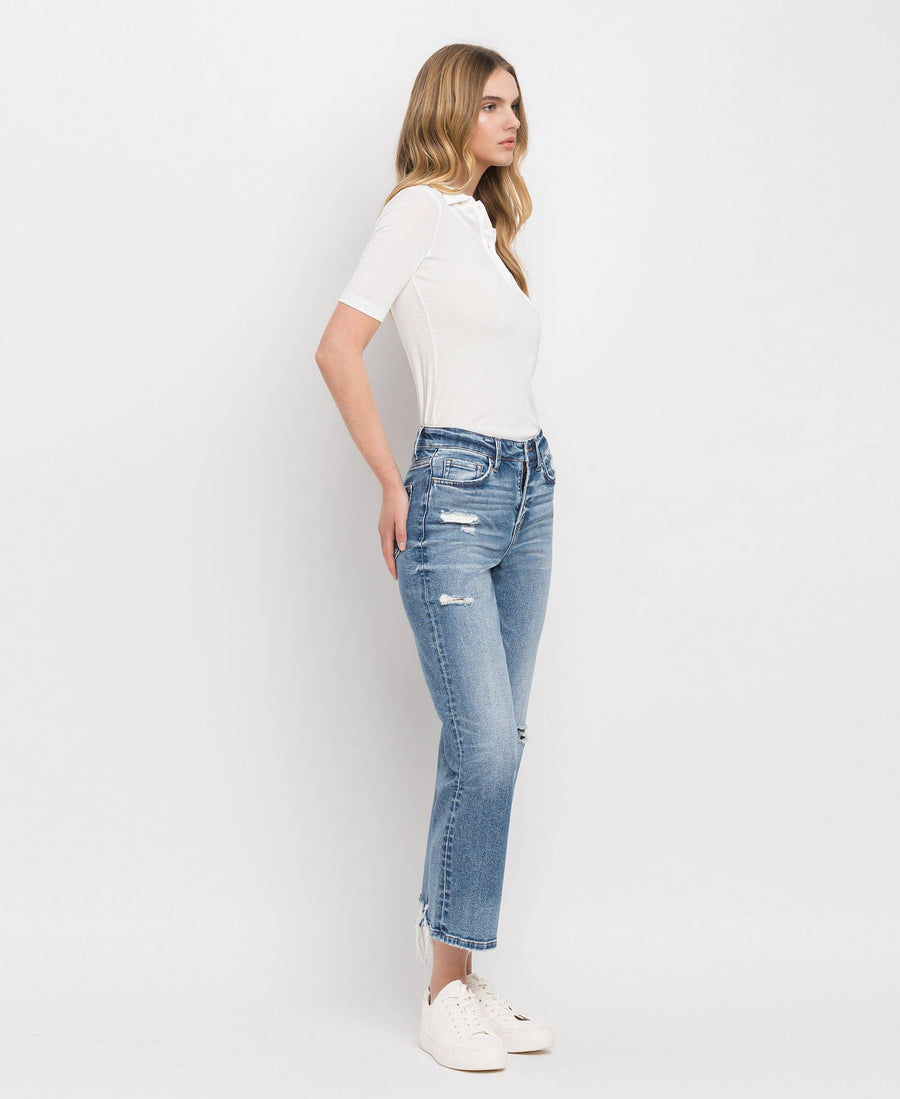 HIGH RISE DISTRESSED HEM CROP STRAIGHT JEANS BLINK / 28