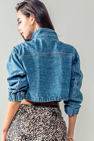 Utility Cropped Drawstring Hem Stand Collar Denim Jacket