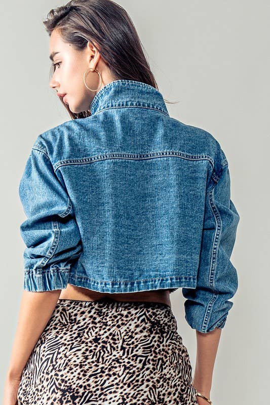 Utility Cropped Drawstring Hem Stand Collar Denim Jacket