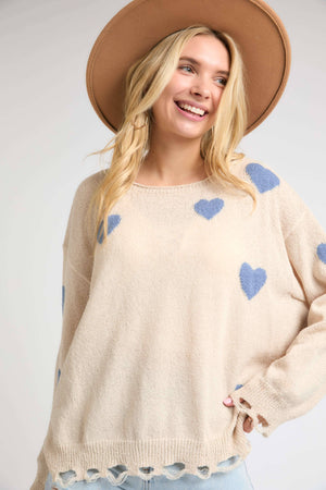 HEART SWEATER TOP W/ FRAYED EDGE