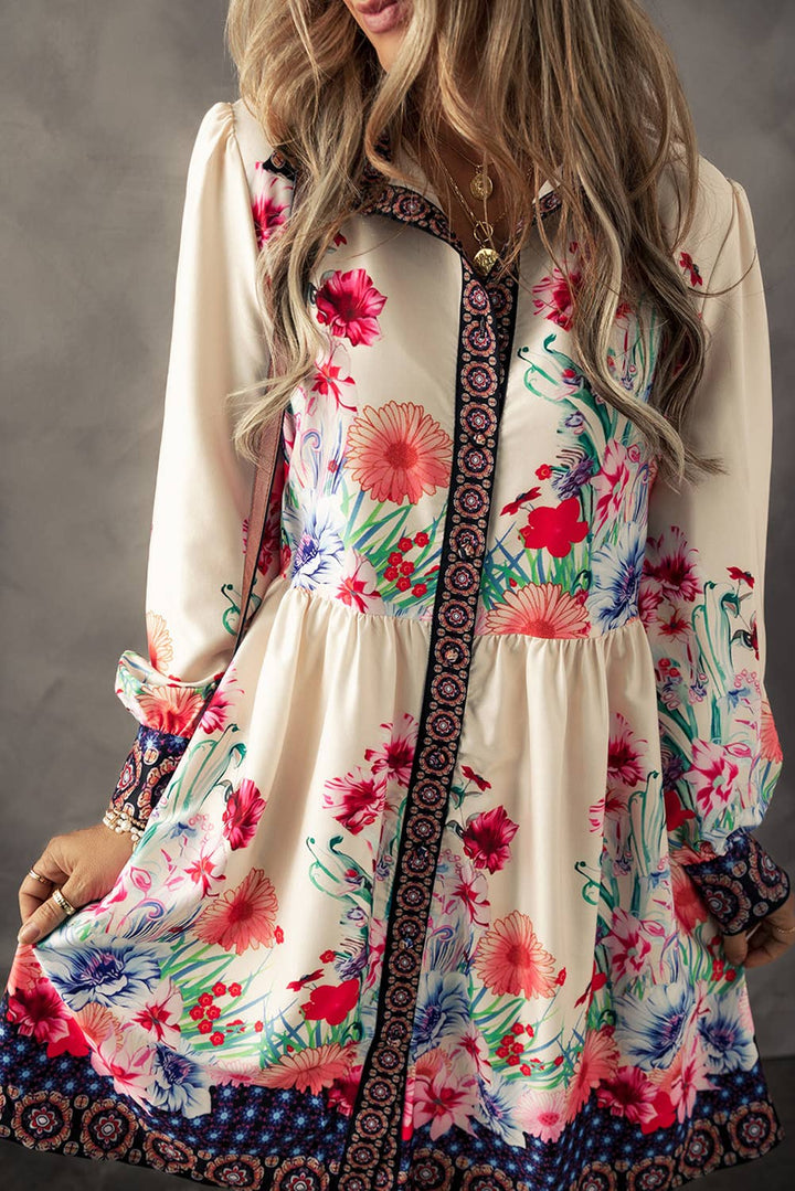 LDC Floral Print Buttoned High Waist Shirt Mini Dress