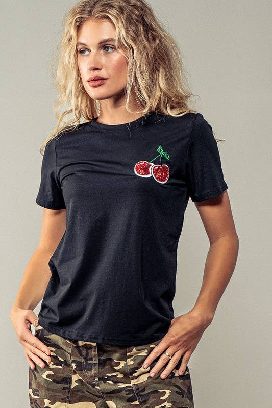 Romantic Glitter Cherry Embroidered Casual Graphic Tee