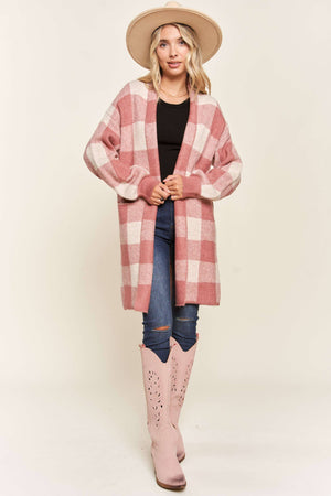 OPEN FRONT LONG PLAID CARDIGAN