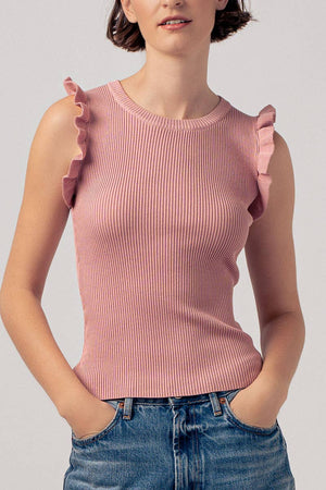 Flutter Sleeve Ribbed Crew Neck Ruffle Tank Top