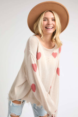 HEART SWEATER TOP W/ FRAYED EDGE