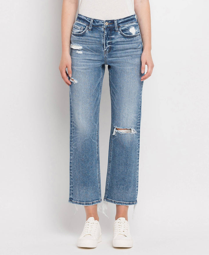 HIGH RISE DISTRESSED HEM CROP STRAIGHT JEANS BLINK / 29