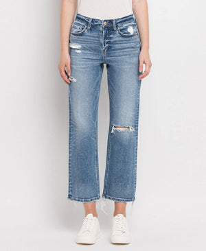 HIGH RISE DISTRESSED HEM CROP STRAIGHT JEANS BLINK / 31