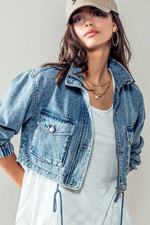 Utility Cropped Drawstring Hem Stand Collar Denim Jacket