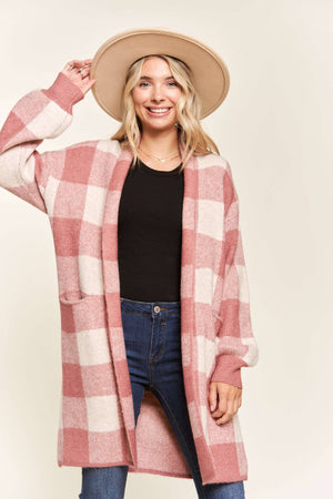 OPEN FRONT LONG PLAID CARDIGAN