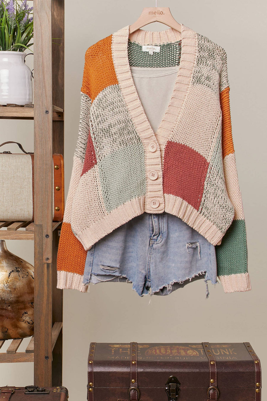 Color Block Crochet V Neck Cardigan