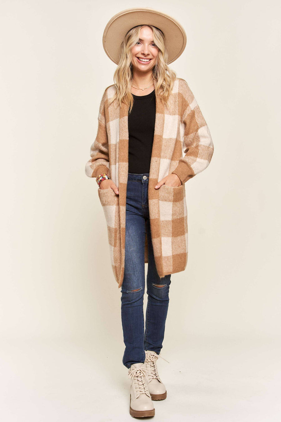 OPEN FRONT LONG PLAID CARDIGAN