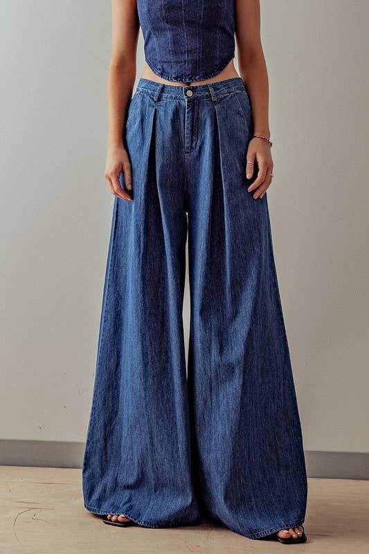 WIDE LEG PLEATED DENIM JEANS: DENIM / S-2/M-2/L-2 – Green