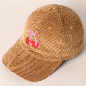 Cherries Ribbon Bow Embroidery Corduroy Cap