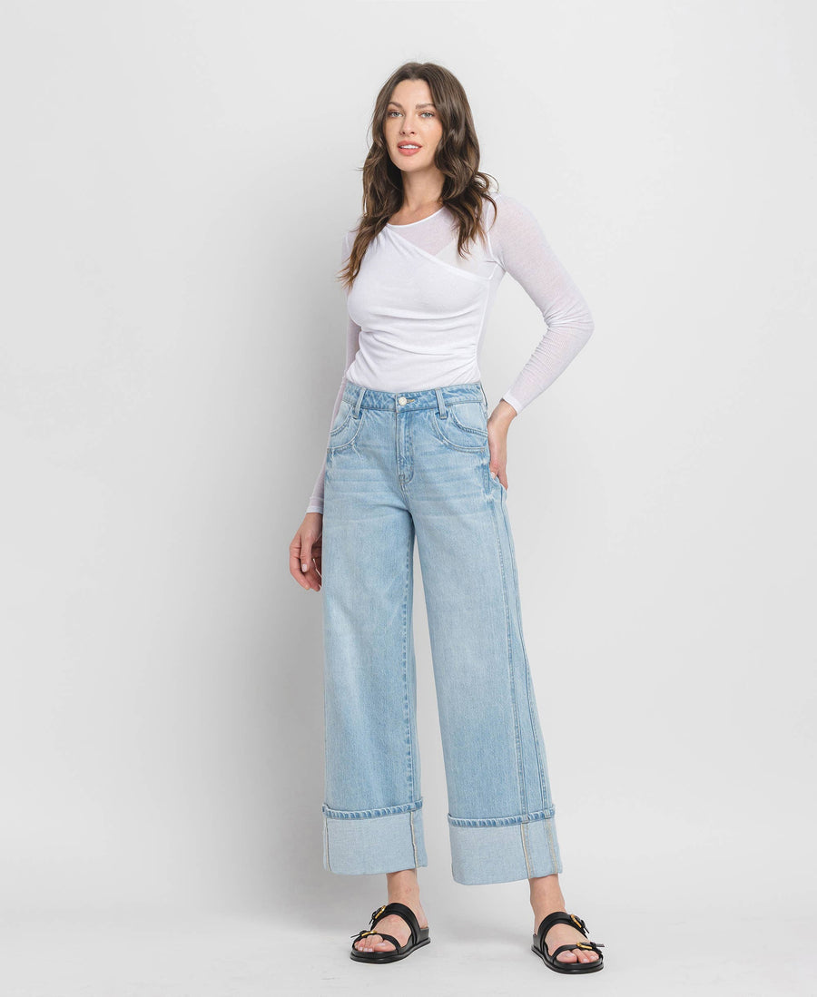 SUPER HIGH RISE CUFFED BAGGY WIDE JEANS T6515