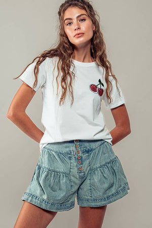 Romantic Glitter Cherry Embroidered Casual Graphic Tee