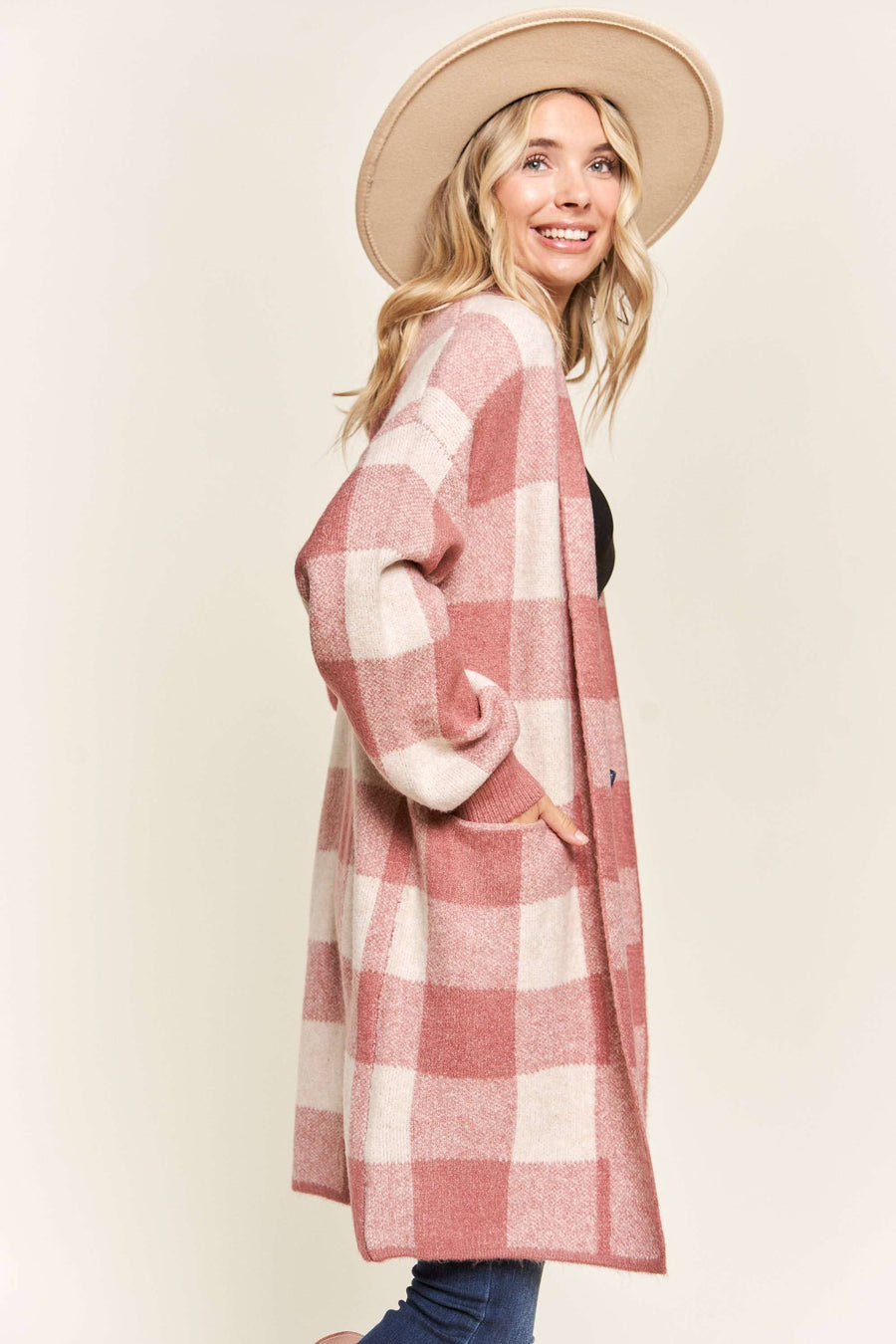 OPEN FRONT LONG PLAID CARDIGAN