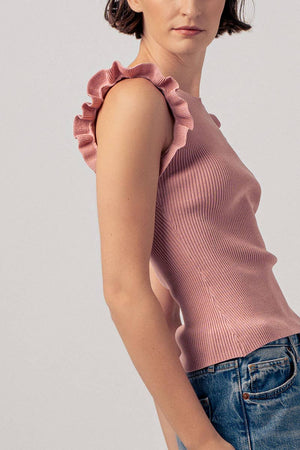 Flutter Sleeve Ribbed Crew Neck Ruffle Tank Top