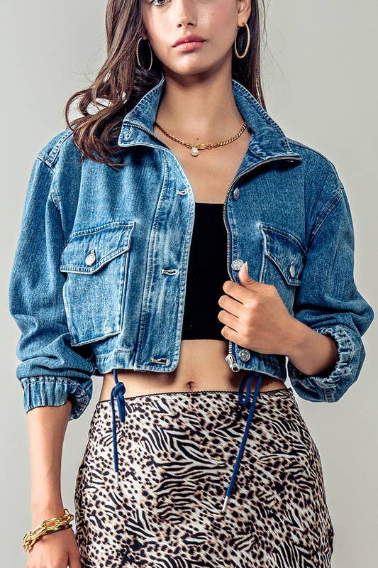 Utility Cropped Drawstring Hem Stand Collar Denim Jacket