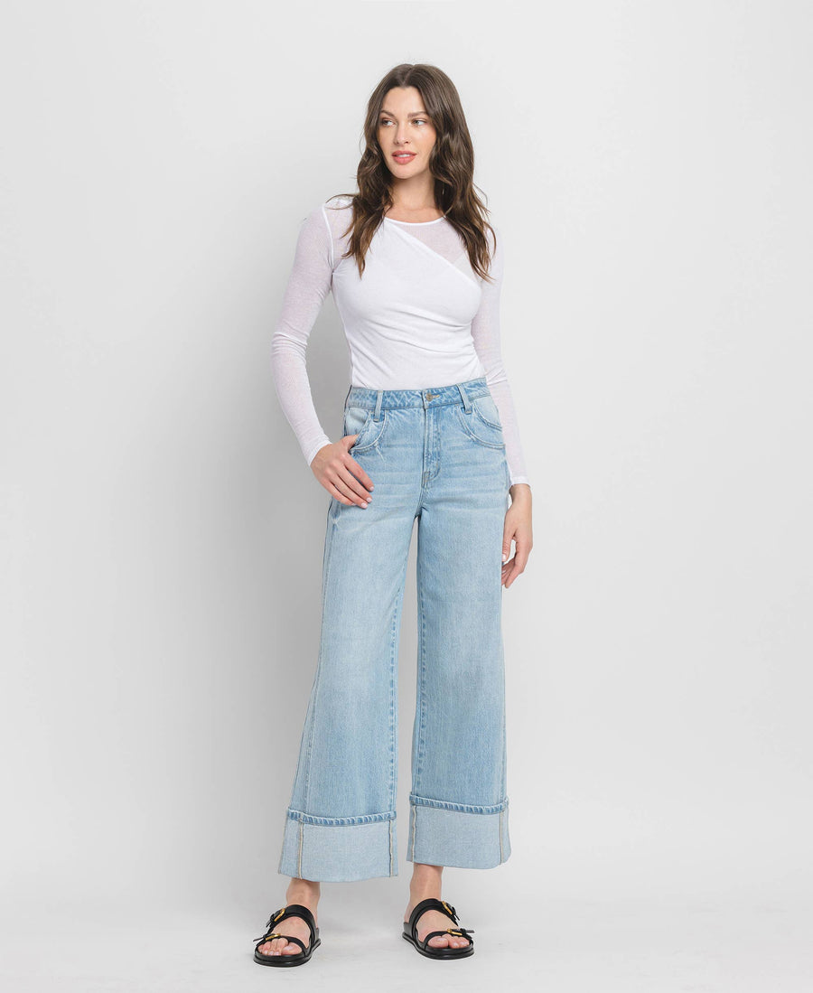 SUPER HIGH RISE CUFFED BAGGY WIDE JEANS T6515