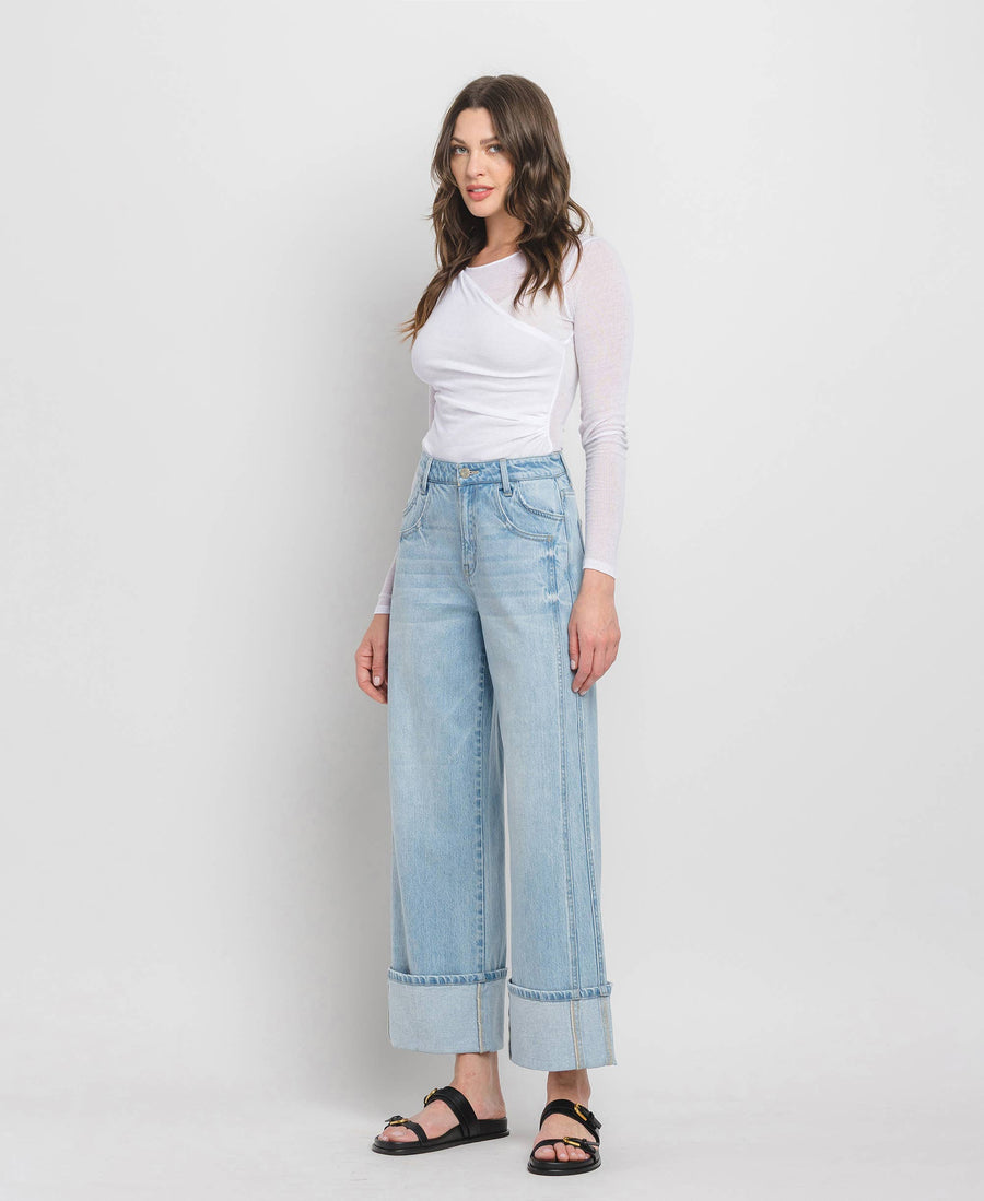 SUPER HIGH RISE CUFFED BAGGY WIDE JEANS T6515