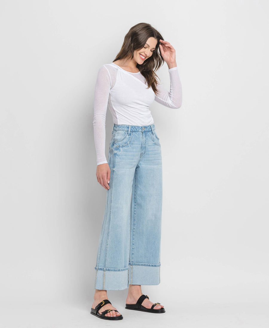 SUPER HIGH RISE CUFFED BAGGY WIDE JEANS T6515