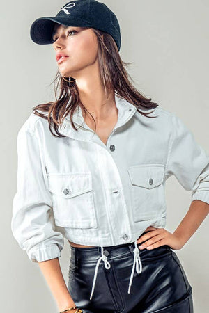 Utility Cropped Drawstring Hem Stand Collar Denim Jacket