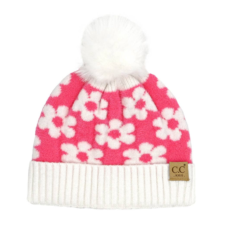 Kids' Daisy Pattern Cuff Beanie with Pom Pom