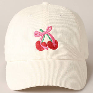 Cherries Ribbon Bow Embroidery Corduroy Cap