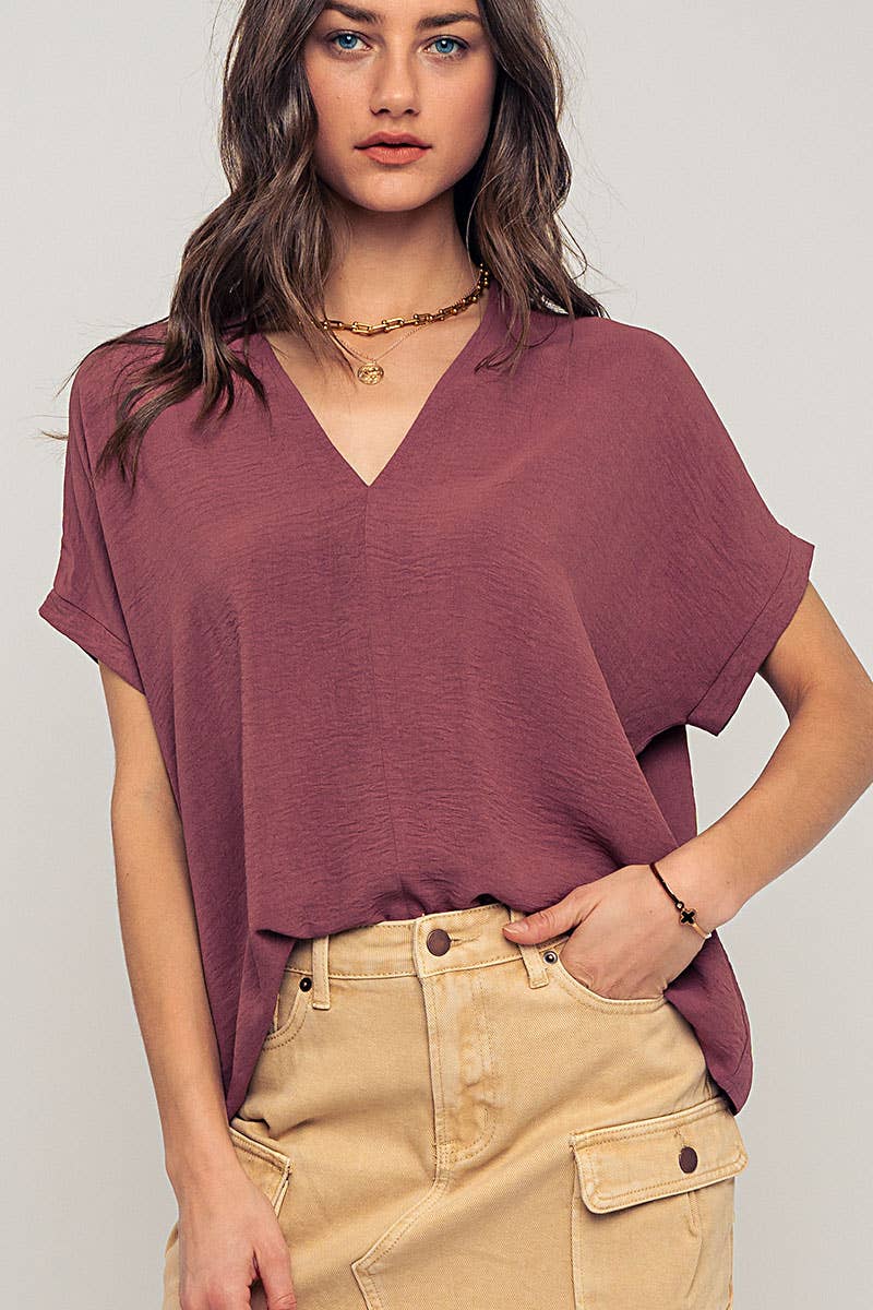 Relaxed V-Neck Top with Folded Sleeves - Mauve