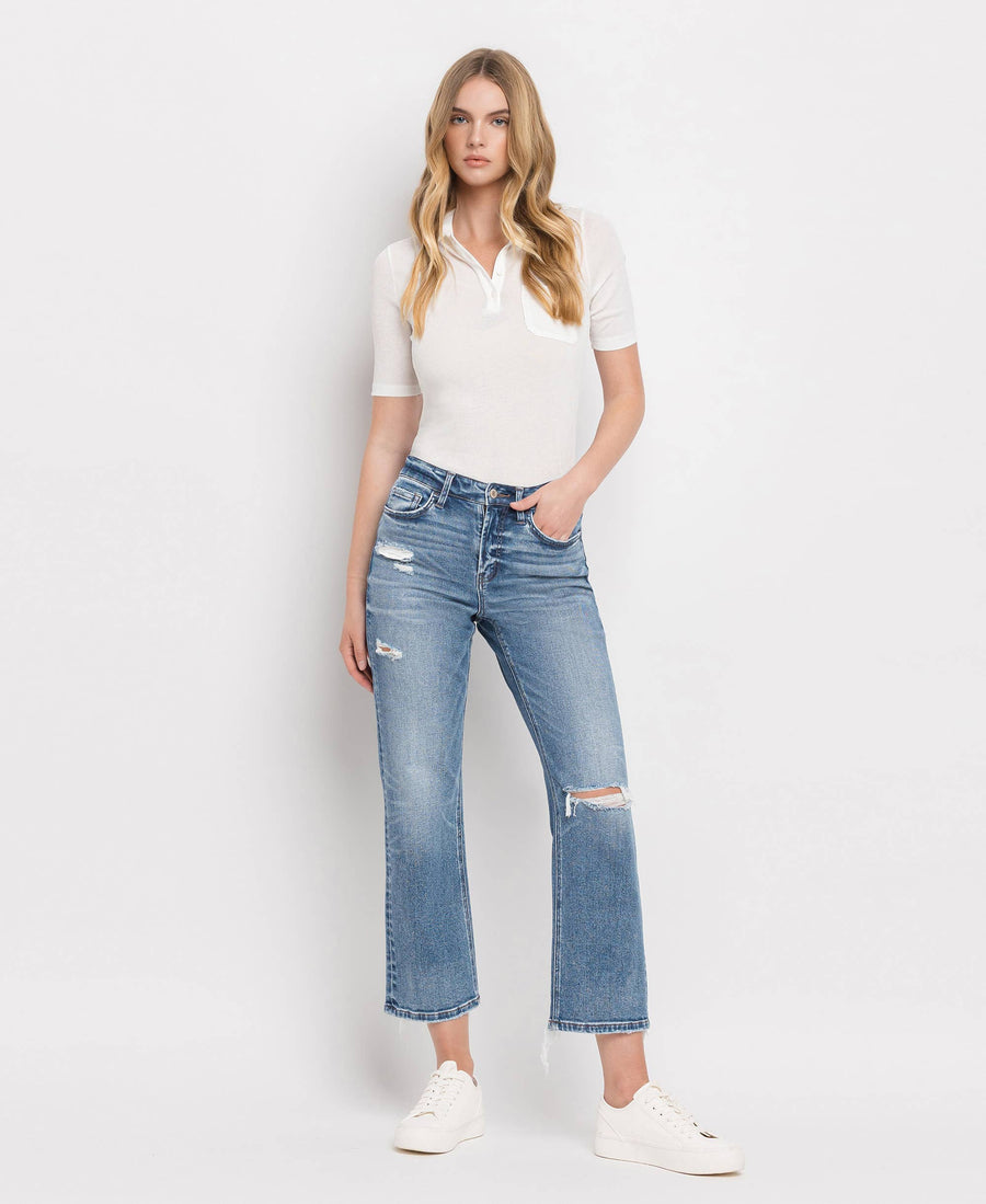 HIGH RISE DISTRESSED HEM CROP STRAIGHT JEANS BLINK / 28