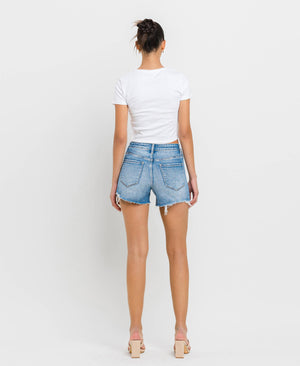 HIGH RISE DISTRESSED CRISS CROSS SHORTS BLUE DENIM / S