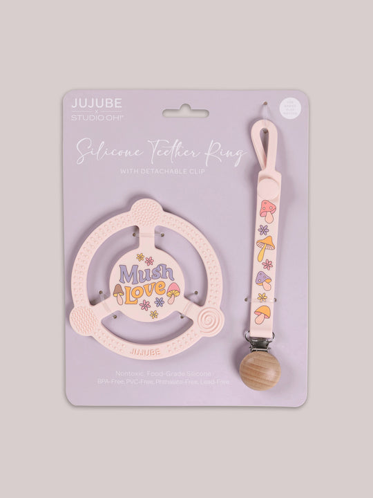 mushy love silicone teething ring with detachable clip