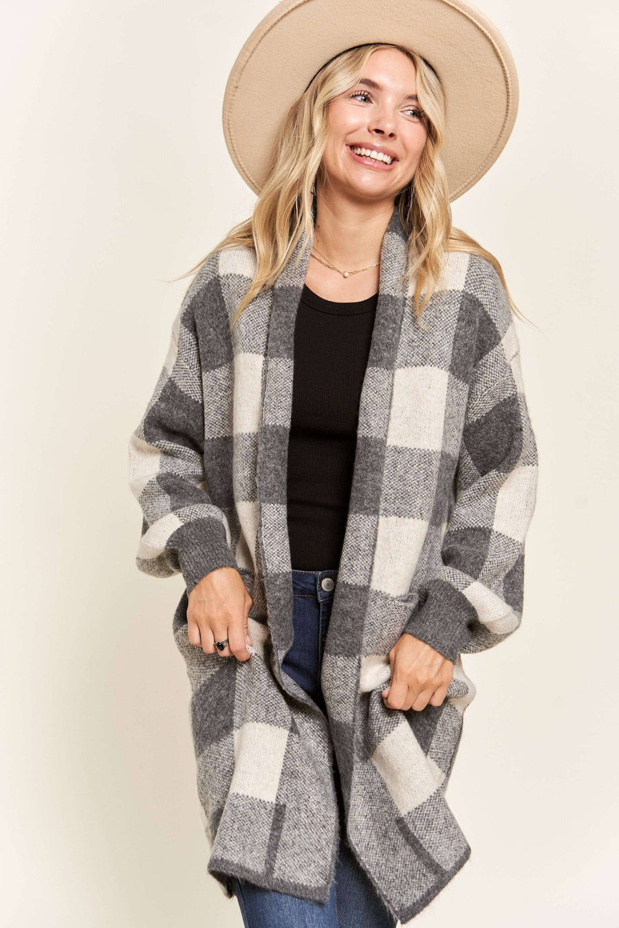 OPEN FRONT LONG PLAID CARDIGAN