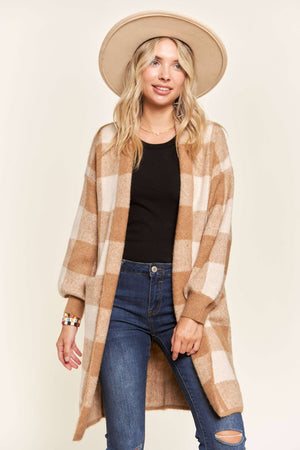 OPEN FRONT LONG PLAID CARDIGAN