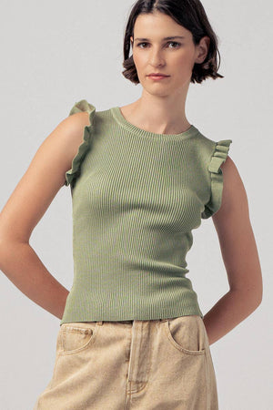 Flutter Sleeve Ribbed Crew Neck Ruffle Tank Top