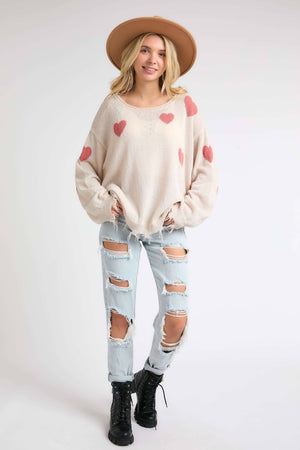 HEART SWEATER TOP W/ FRAYED EDGE