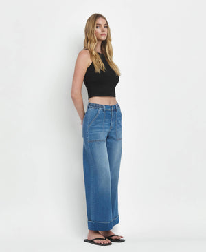 HIGH RISE DOUBLE CUFFED BAGGY WIDE JEANS V3589