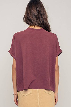 Relaxed V-Neck Top with Folded Sleeves - Mauve