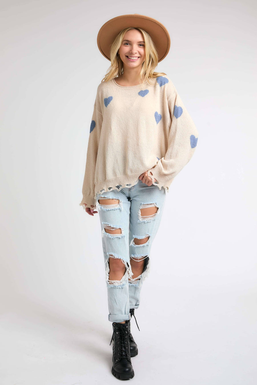 HEART SWEATER TOP W/ FRAYED EDGE