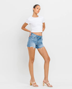 HIGH RISE DISTRESSED CRISS CROSS SHORTS BLUE DENIM / XL