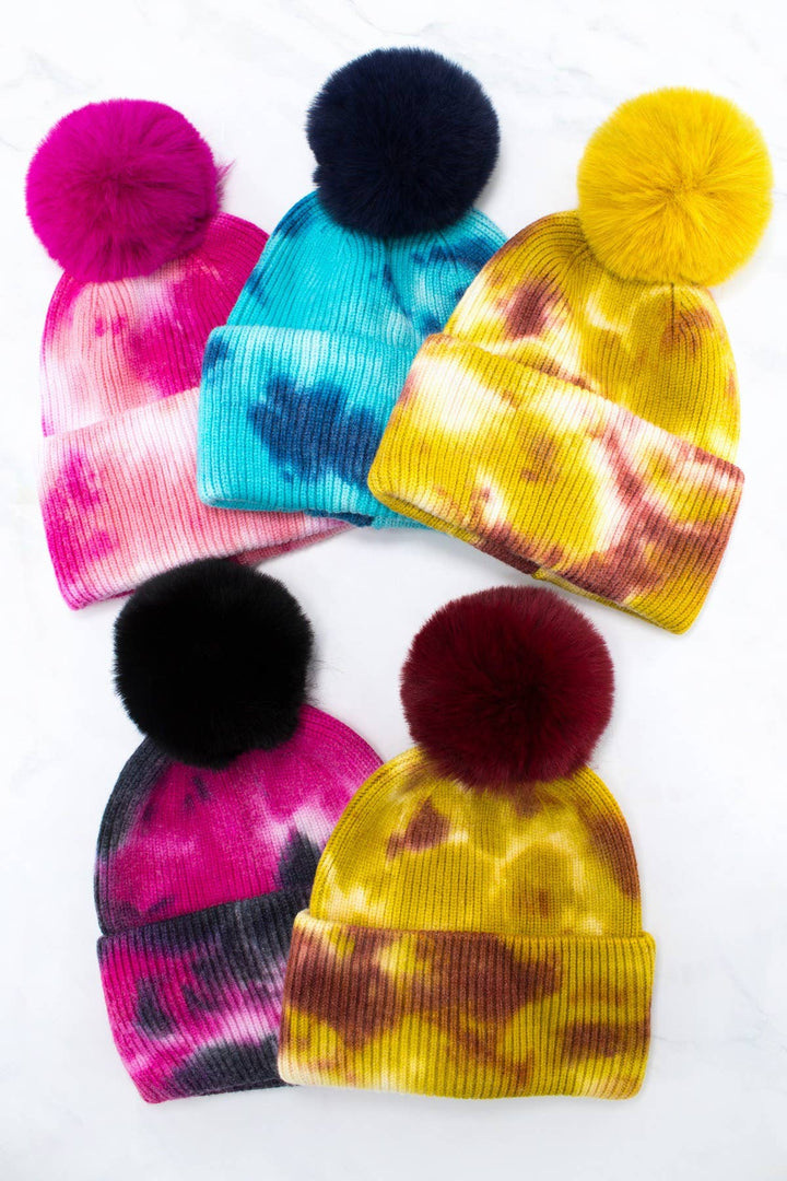 Tie Dye Knitted Fur Pom Beanie