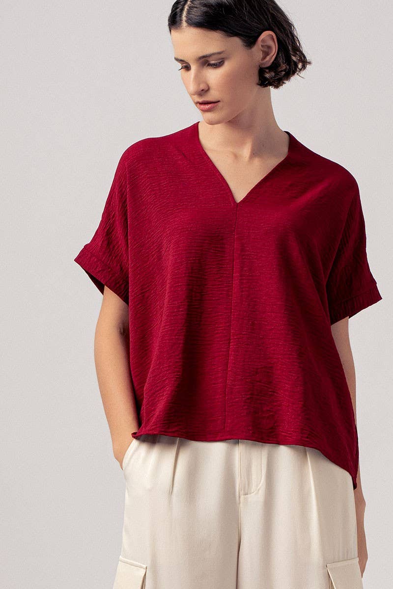 Relaxed V-Neck Top with Folded Sleeves - Mauve