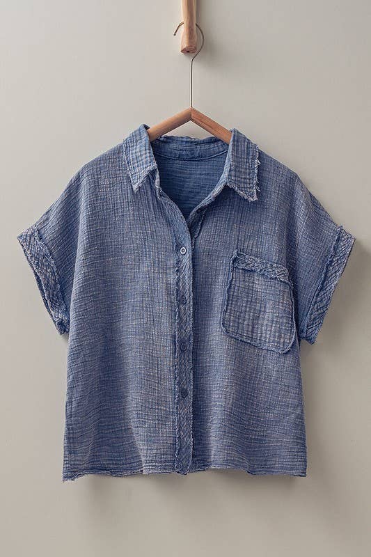 ROW EDGE MINERAL WASHED GAUZE SHORT SLEEVE SHIRT: BLUE