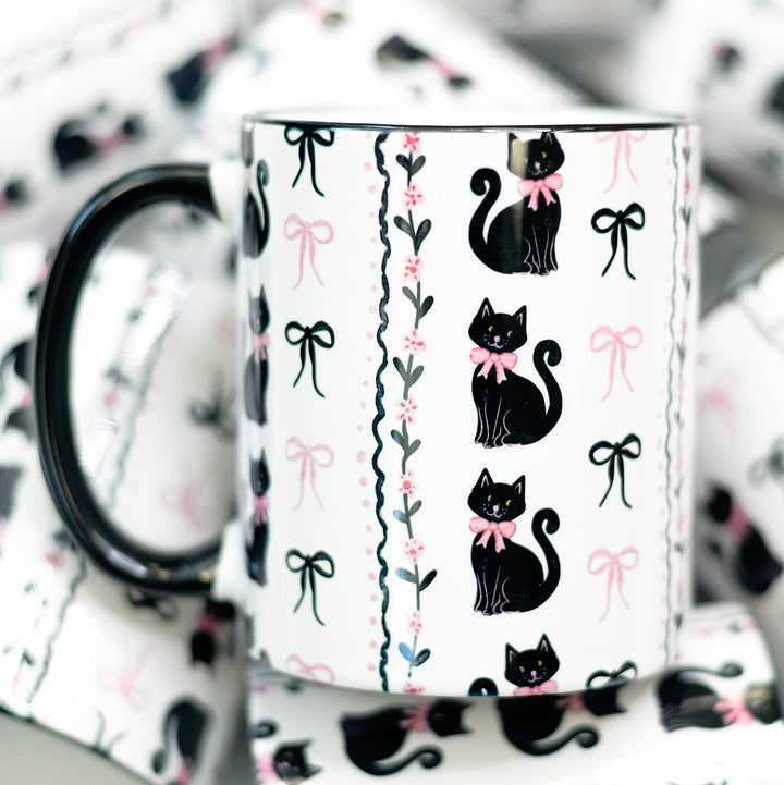 Grandmillenial Coquette Cat Ceramic Mug, Halloween Mug, Bows