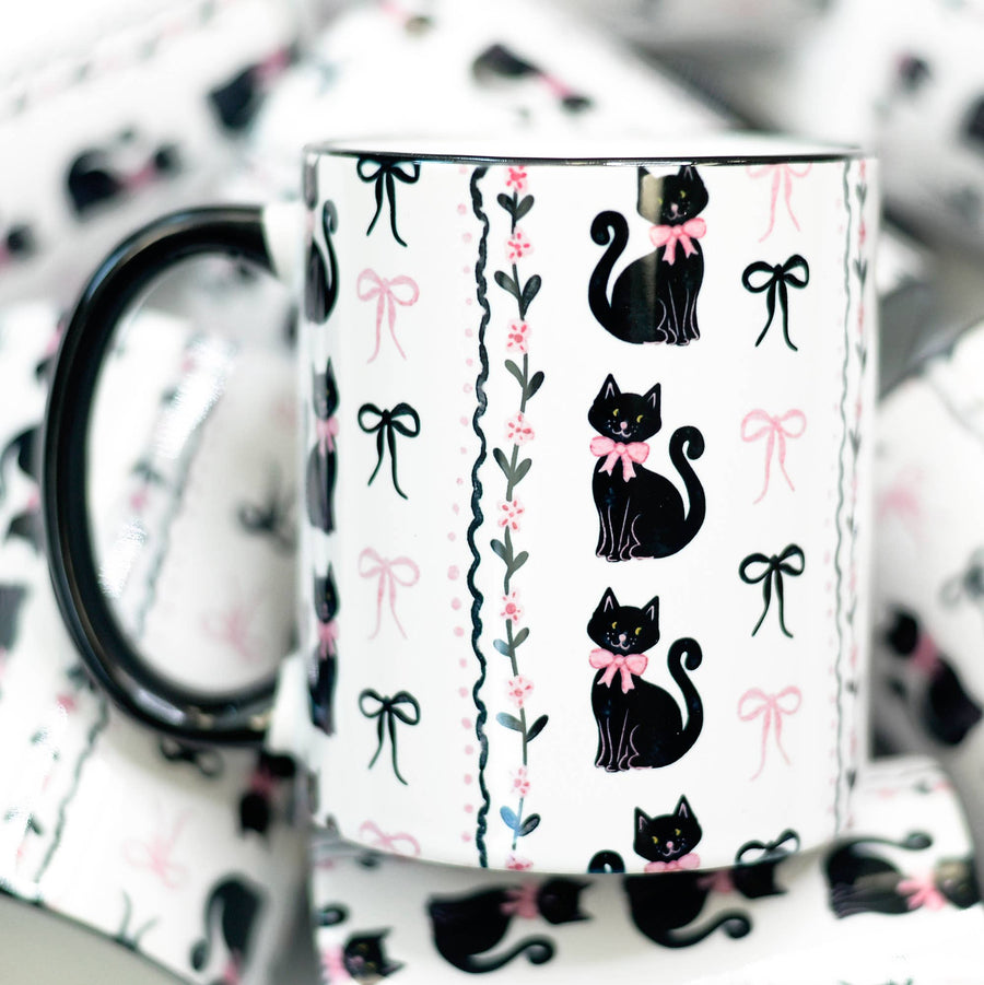 Grandmillenial Coquette Cat Ceramic Mug, Halloween Mug, Bows
